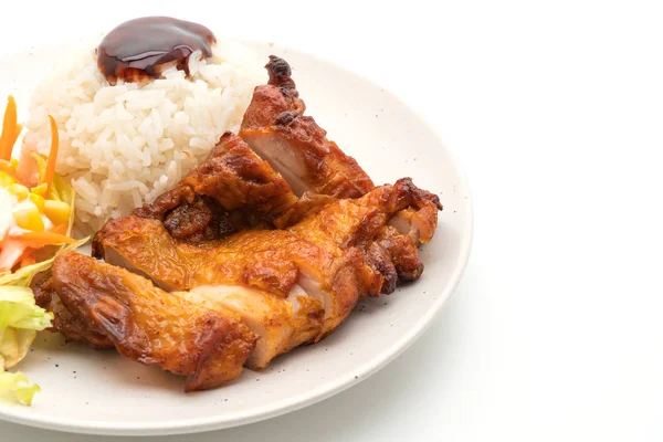 Frango Grelhado Com Molho Teriyaki Arroz Isolado Fundo Branco — Fotografia de Stock