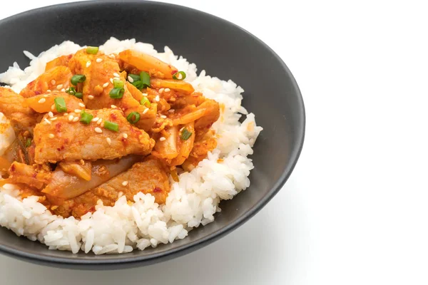 Stir Fried Pork Kimchi Topped Rice Isolated White Background Korean — Stock Photo, Image