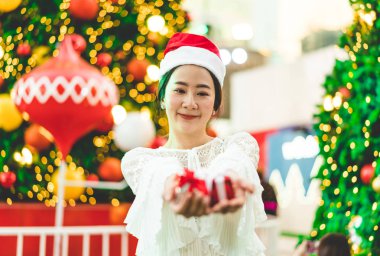 hediye şenlikli Noel Fuarı - vintage etkisi filtre ile gülümseyen güzel genç Asyalı kadın portresi