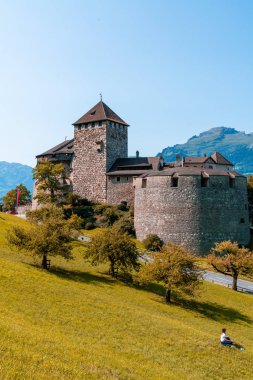 Güzel mimari Kalesi'nde Vaduz, Liechtenstein Prens mavi gökyüzü ile resmi konutu