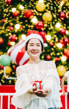 hediye şenlikli Noel Fuarı - vintage etkisi filtre ile gülümseyen güzel genç Asyalı kadın portresi