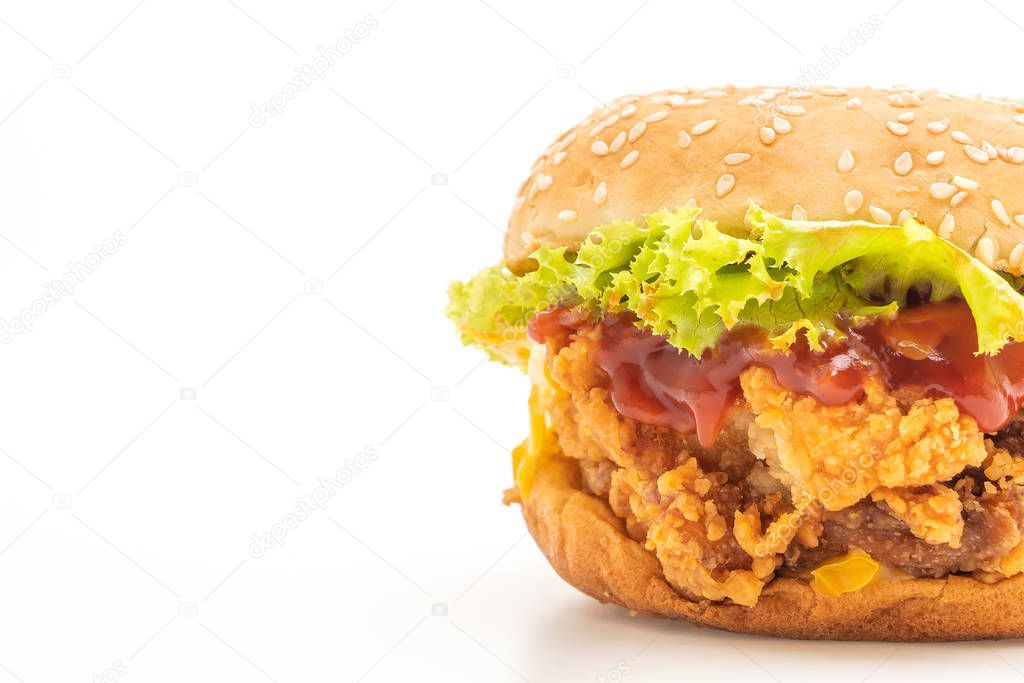 fried chicken burger isolated on white background - unhealthy food style