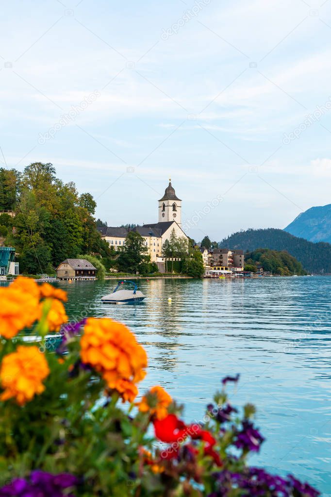 Beautiful Architecture at St. Wolfgang waterfront with Wolfgangsee lake, Austria