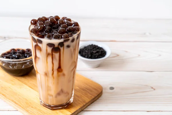 Taiwan milk tea with bubble on wood background