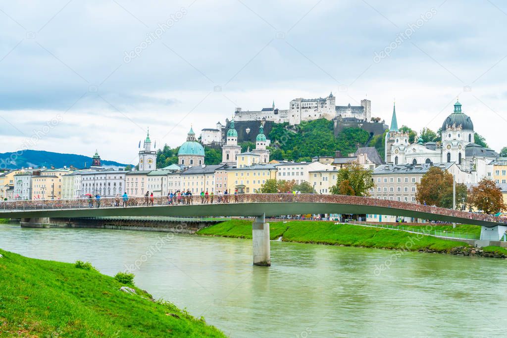 Salzburg City with Festung Hohensalzburg and Salzach river in Austria