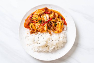 tavada kızartılmış ahtapot veya kalamar ve pirinç - Kore yemeği tarzı ile Kore baharatlı hamur (osam bulgogi)