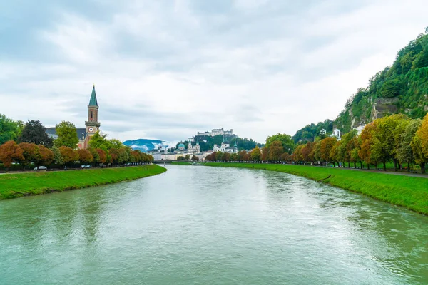 Salzburg Stadt Mit Festung Hohensalzburg Und Salzach Österreich — Stockfoto