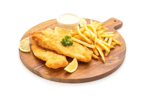 Fish Chips Avec Frites Isolées Sur Fond Blanc — Photo