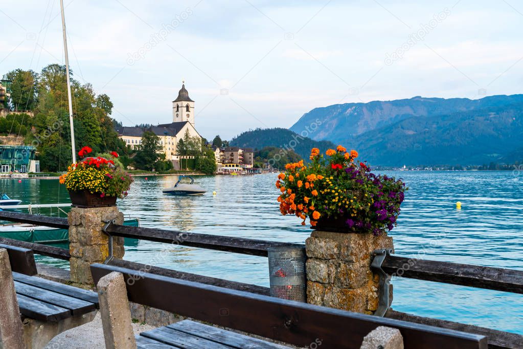 Beautiful Architecture at St. Wolfgang waterfront with Wolfgangsee lake, Austria