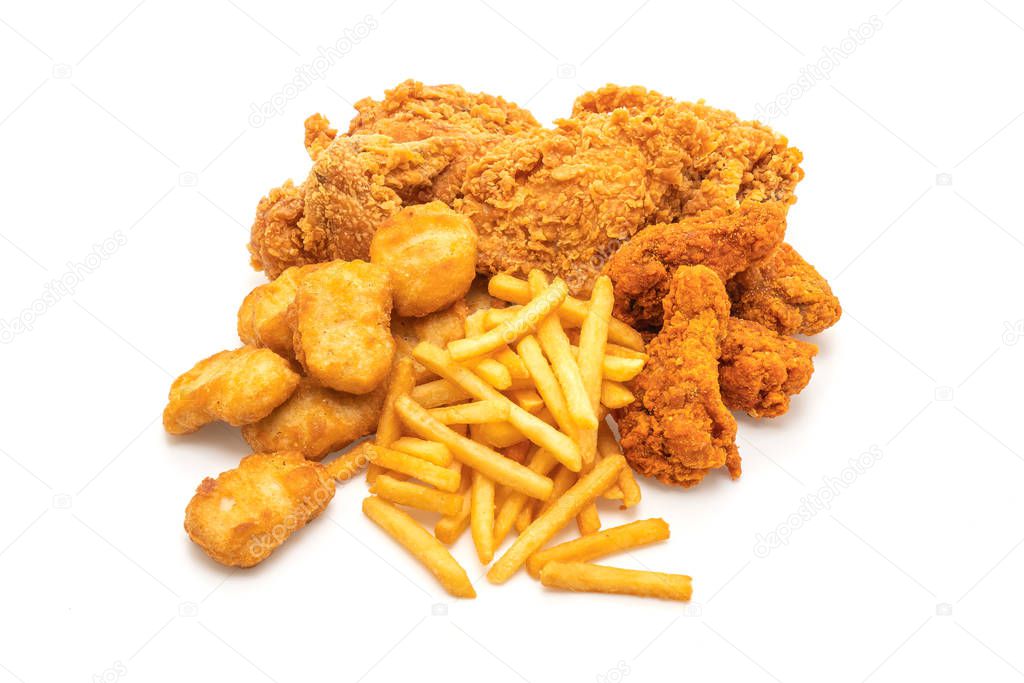fried chicken with french fries and nuggets meal (junk food and unhealthy food) isolated on white background