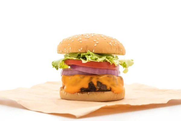 Hambúrguer Carne Fresca Saborosa Com Queijo Isolado Fundo Branco — Fotografia de Stock