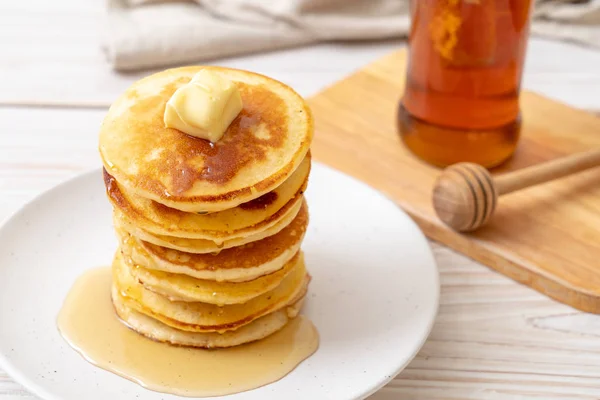 Pancakes Stack Butter Honey — Stock Photo, Image