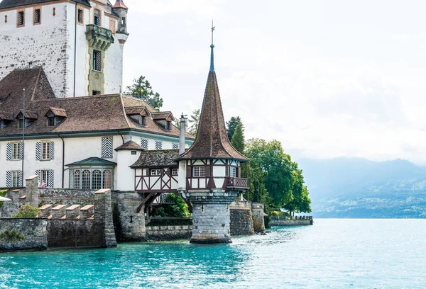 Thun Gölü arka planda İsviçre ile Oberhofen kalesinde güzel mimari
