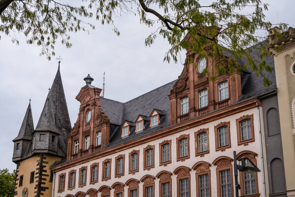 Beautiful old town square romerberg with Justitia statue in Frankfurt Germany