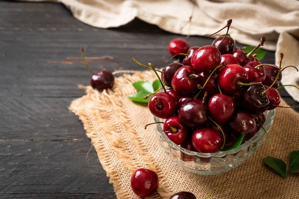 Fresh Cherries Bowl Wood Background — Stock Photo, Image