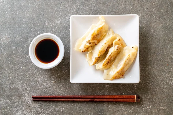 Gyoza Japonês Bolinhos Lanche Com Molho Soja — Fotografia de Stock