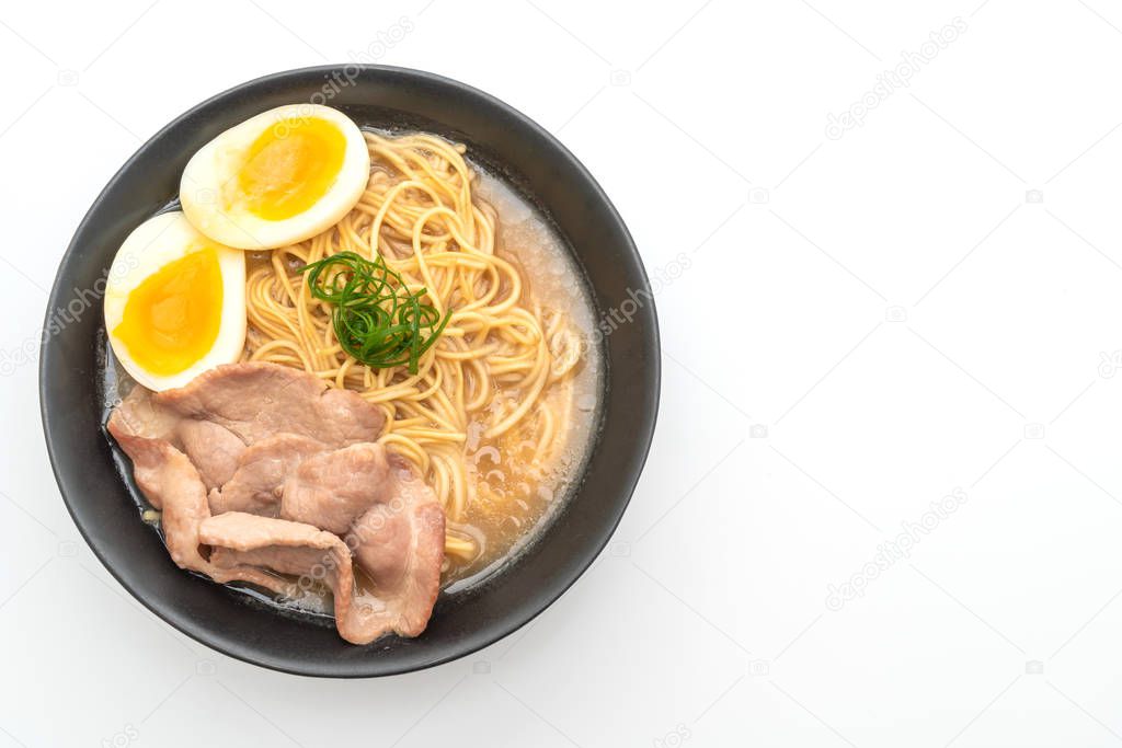 tonkotsu ramen noodles with pork and egg isolated on white background