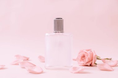 parfüm şişesi ile rose petal arka plan üzerinde
