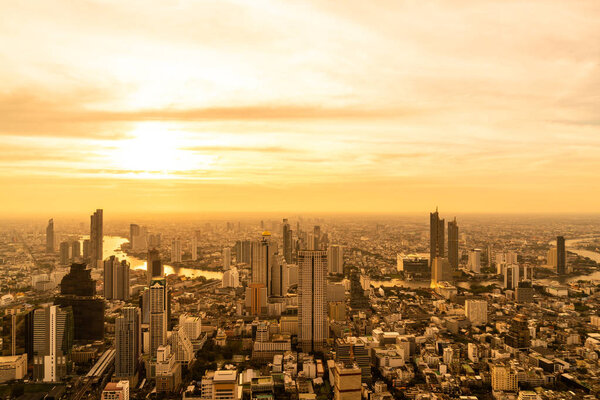 Bangkok cityscape with beautiful exterior of building and architecturein in Thailand with sunset sky