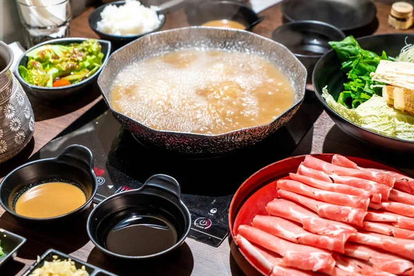 Hot Pot Dla Shabu Shabu Japoński Sukiyaki Styl Japoński Żywności — Zdjęcie stockowe