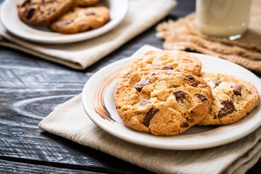 Tabağında çikolata parçaları olan kurabiyeler.