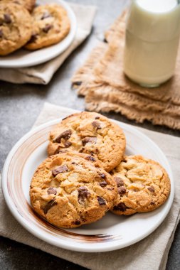 Tabağında çikolata parçaları olan kurabiyeler.