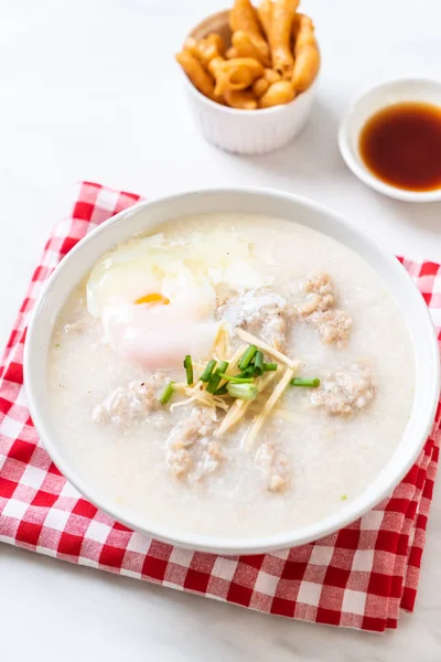 Congee Con Cerdo Picado Tazón Estilo Asiático Desayuno —  Fotos de Stock