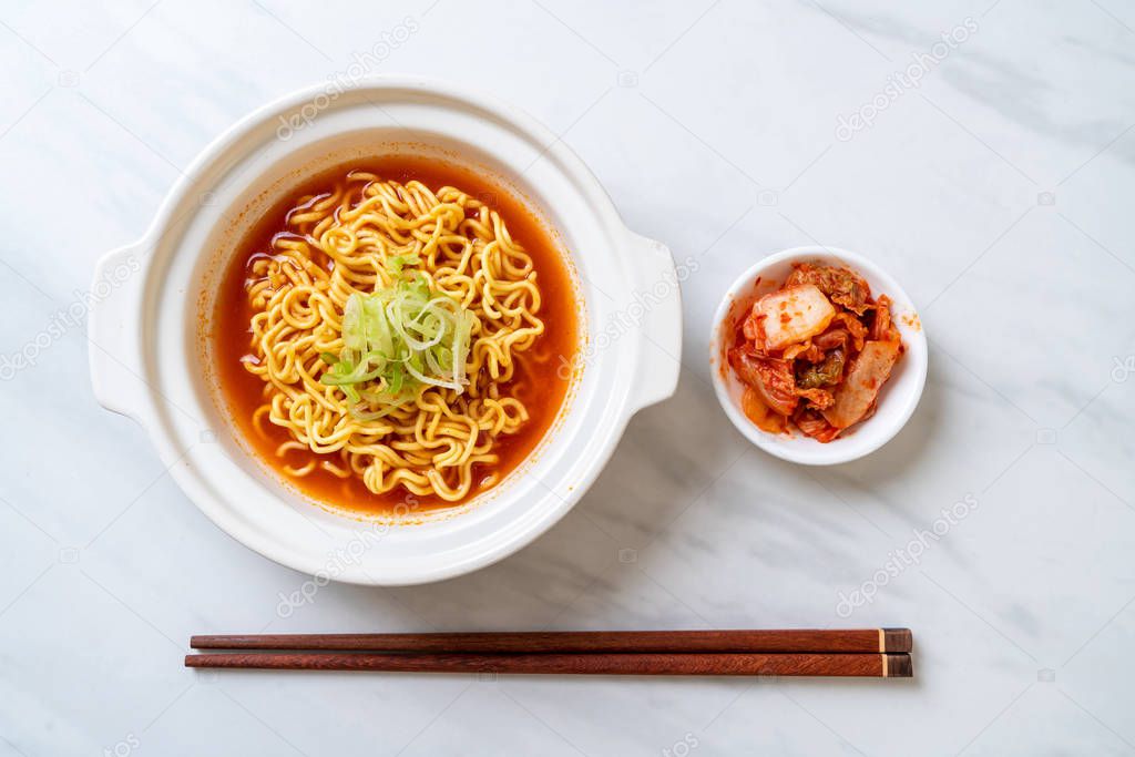 korean spicy instant noodles with kimchi - korean food style