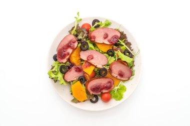 Kızarmış ördek göğsü beyaz arka plan üzerinde izole sebze salatası ile