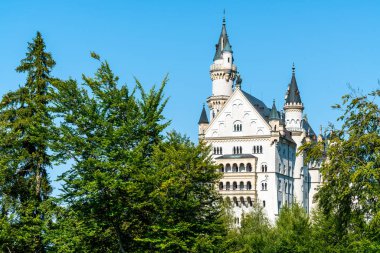 Neuschwanstein Şatosu Almanya'da Bavyera Alpleri, mavi gökyüzü ile güzel mimari