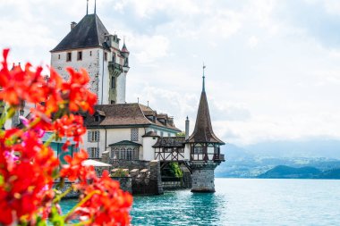 Thun Gölü arka planda İsviçre ile Oberhofen kalesinde güzel mimari