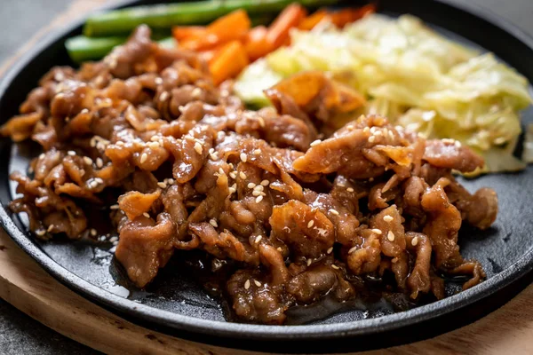 Filete Cerdo Rodajas Placa Caliente Estilo Asiático —  Fotos de Stock