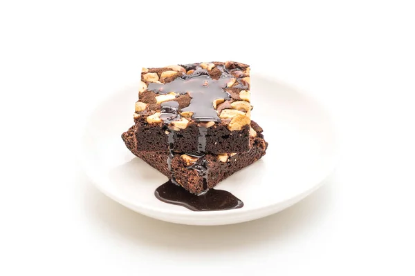 Brownies Chocolate Com Molho Chocolate Isolado Fundo Branco — Fotografia de Stock
