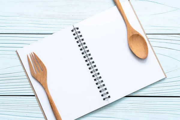 Blank Notebook Text Note Wooden Surface Wooden Spoon Fork Copy — Stock Photo, Image