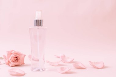 parfüm şişesi ile rose petal arka plan üzerinde