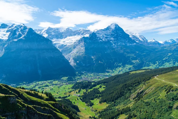 Деревня Гриндельвальд с Альпами в Швейцарии — стоковое фото