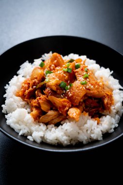 kimchi tepesinde pirinç ile tavada kızartılmış domuz eti 