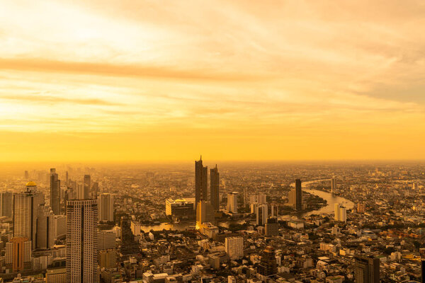 Bangkok cityscape with beautiful exterior of building and architecturein in Thailand with sunset sky