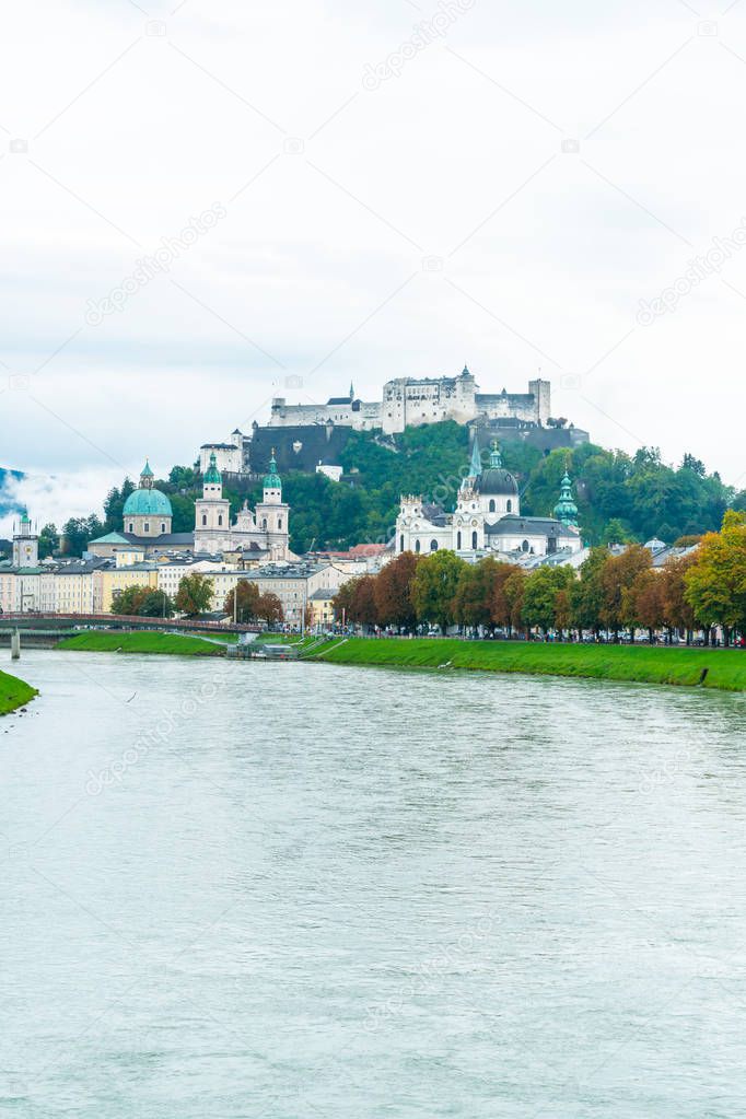 Salzburg City with Festung Hohensalzburg and Salzach river