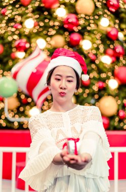 hediye ile gülümseyen güzel genç Asyalı kadın portresi