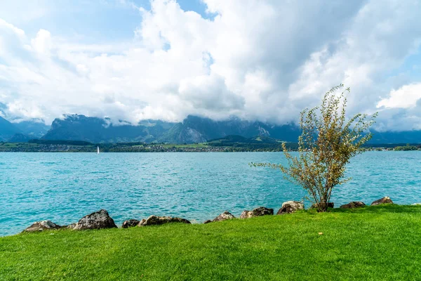 Thun lago com montanha na Suíça — Fotografia de Stock