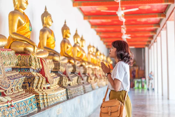 Happy Asian Woman Praying with Buddha — Stock Photo, Image