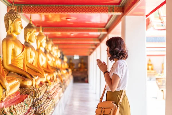 Happy Asian Woman Praying with Buddha — Stock Photo, Image