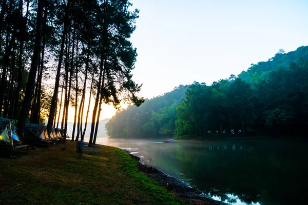 Pang ladí jezero a smrkovými lesy s východem slunce v Mae Hong Son, Th — Stock fotografie