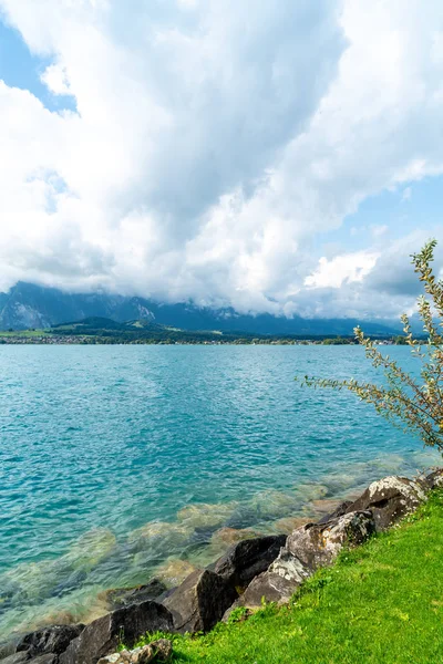 Thun lago com montanha na Suíça — Fotografia de Stock