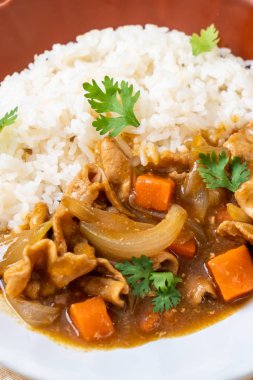 Japon köri pirinç dilimlenmiş domuz eti, havuç ve soğan ile