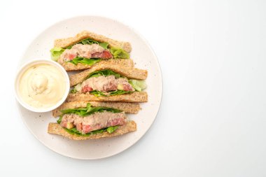 Beyaz arka planda ev yapımı tuna sandviç