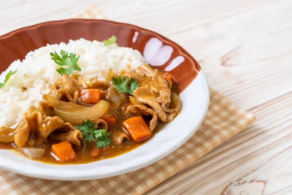 Nasi kari Jepang dengan irisan daging babi, wortel dan bawang — Stok Foto