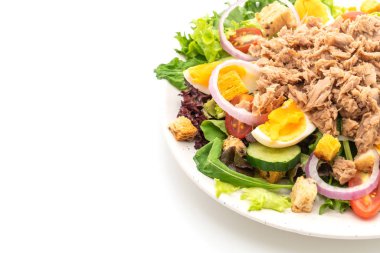 Sebze salatalı ve yumurtalı ton balığı, sağlıklı yemek tarzı.