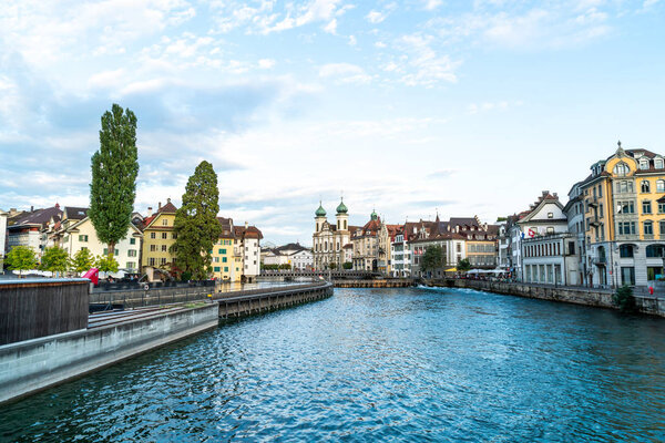 Historic city center of Lucerne (Luzern) with famous Chapel Bridge in Switzerland.